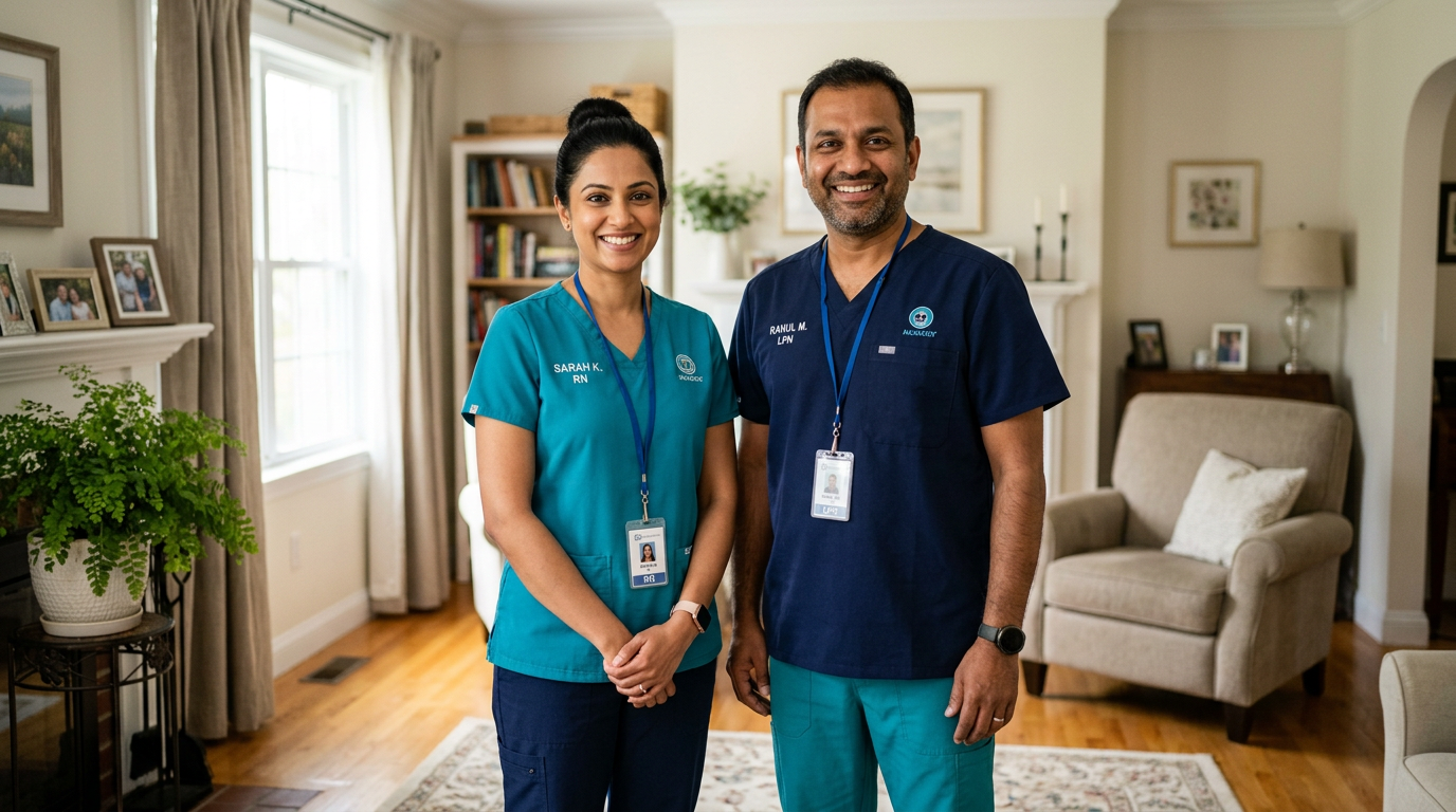 Two uniformed NURSIY caregivers smiling in a bright home